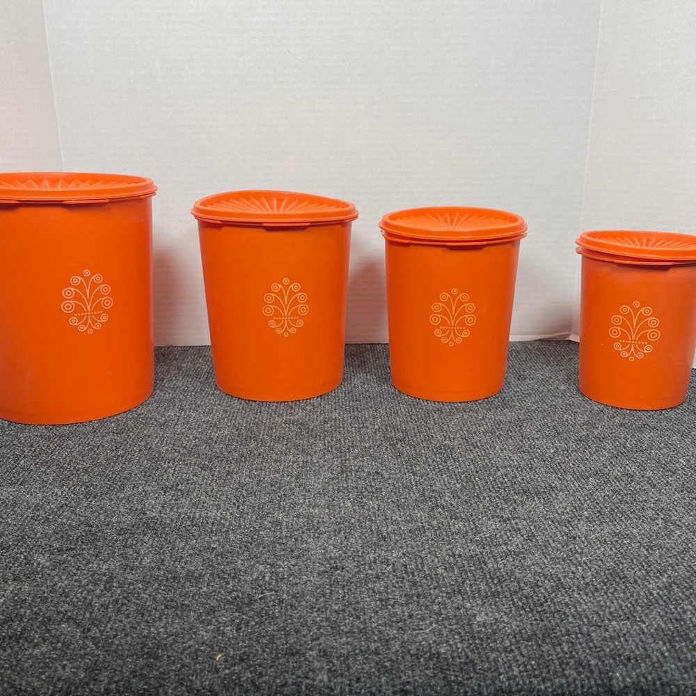 Tupperware Canister Set Vintage 4pc Orange Sunburst Retro MCM Kitchen Storage
